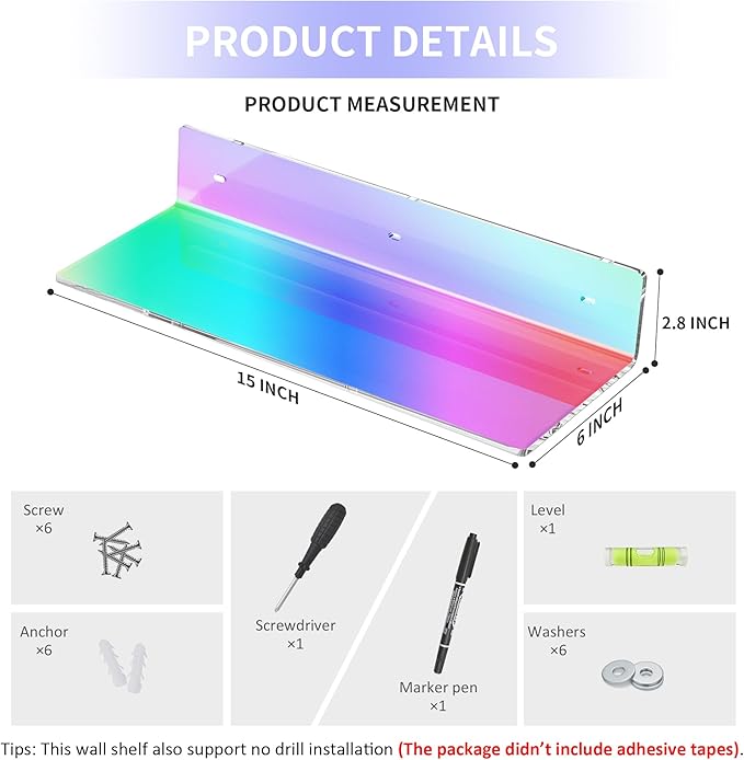 2 Pack Iridescent Acrylic Floating Shelves 15 Inches, Wall Hanging Bathroom Shelves, Wall Storage Shelf for Kitchen, Dining Room, Living Room, Bedroom, Bathroom, Retail, Supermarket