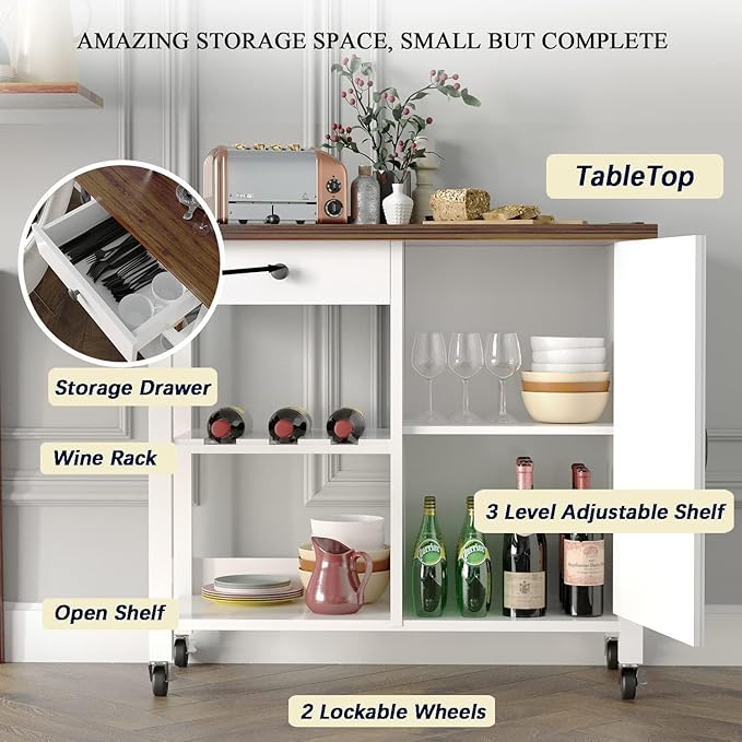 4 EVER WINNER Small Kitchen Island with Storage, Kitchen Island on Wheels with Wine Rack, Coffee Cart, Microwave Cart for Kitchen,Dining Room，White