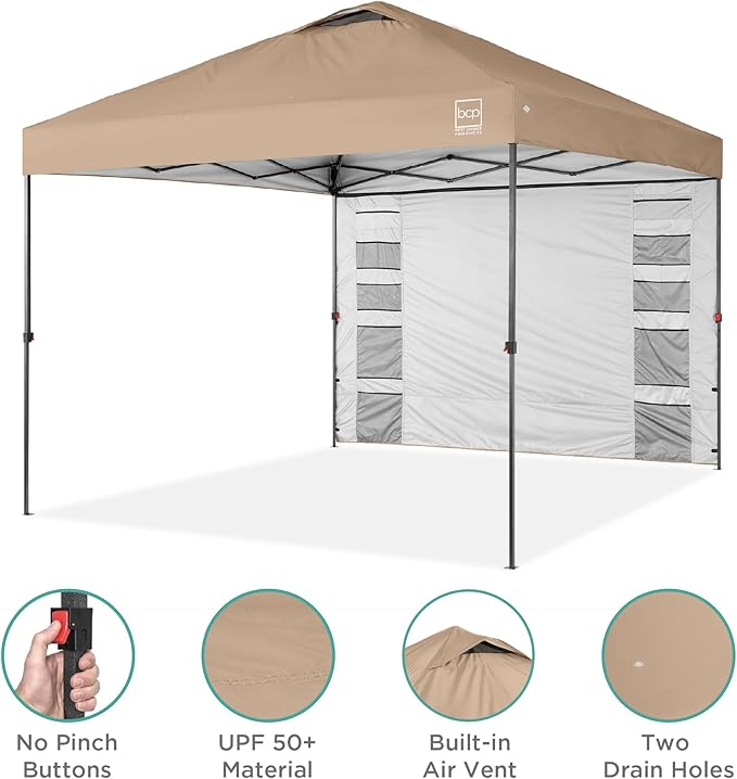 Best Choice Products 10x10ft Easy Pop Up Canopy w/Side Wall, 10 Pockets, Portable Carrying Case, 1-Button Setup, 4 Weight Bags - Tan