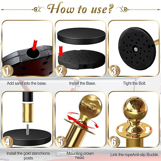 8PCS Black-Gold Stanchions Posts with 4PCS 5 ft Red Velvet Rope, Red Velvet Rope Stanchion Set Crowd Control Barriers, Stanchions and Velvet Ropes Red Carpet Poles for Party Supplies