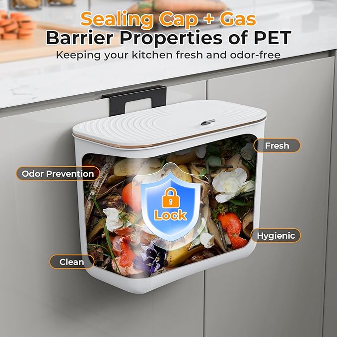 1.9 Gallon Hanging Trash Can - Small Under Sink Trash Can with Lid, Wall Mounted Garbage Bin for Kitchen & Bathroom Cupboard, Odor-Control, Extended Clamping Ring, White