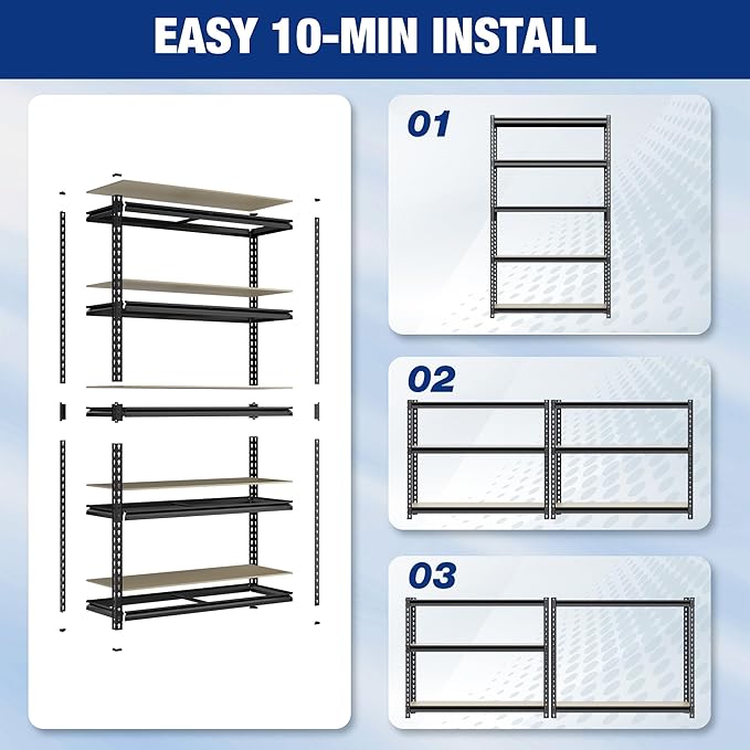 WORKPRO 2180LBS Garage Shelving Unit, Heavy Duty 5-Tier Adjustable Storage Shelf, Shelving Units and Storage for Kitchen, Basement or Pantry, 35.4”Wx15.7”Dx72”H, Black