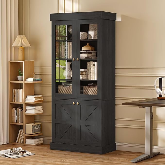 Vyre 71" Tall Farmhouse Bookshelves with Glass Doors, Set of 2 – Large Modular Bookcase with Adjustable Shelves, Storage Cabinet for Living Room, Kitchen, Home Office, Black