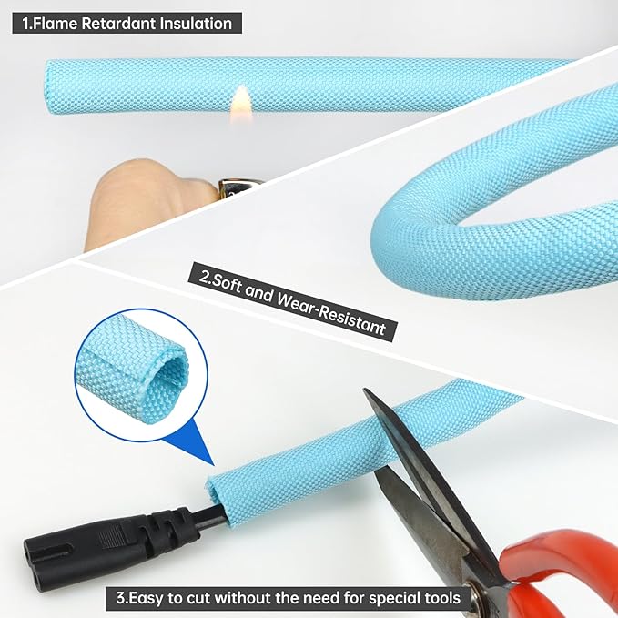 Split Braided Cable Sleeve，Flexible Wire Loom Tubing, Automotive Cord Protector Pet Proof, Cable Management for Computer TV Electric Wires Harness 16ft (Sky Blue, 8mm（5/16")