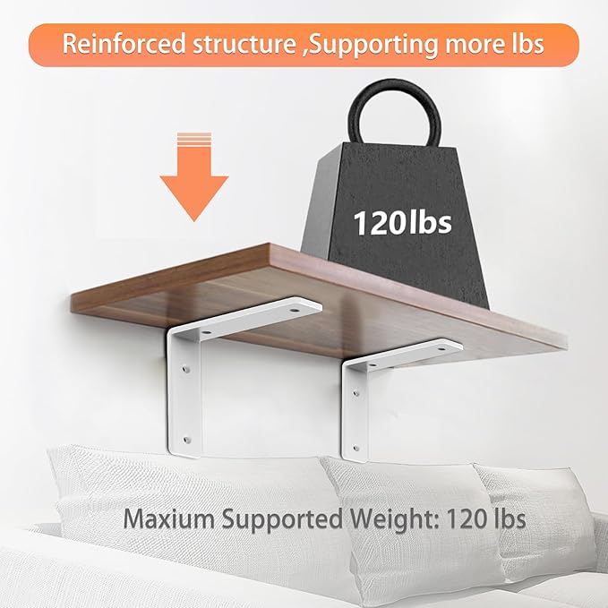 White Heavy Duty Shelf Brackets 8 Inch, Extra Thick L Shelving Brackets, Rustic Gold Iron Floating Shelves Wall Mounted with Hardware for DIY Open Shelving, 4 Pack