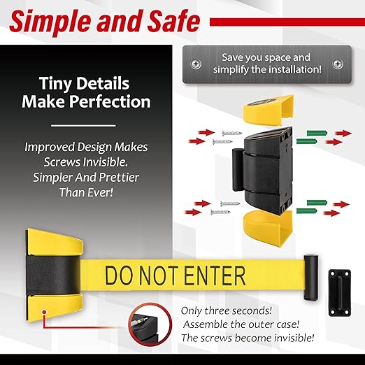 DuraSteel Wall Mount Crowd Control Retractable Belt Barrier - 9.2 Ft Yellow Do NOT Enter Retractables Barrier Belt w/Yellow ABS Casing Crowd Control Barriers Line NOT Stanchions with Retractable Belts