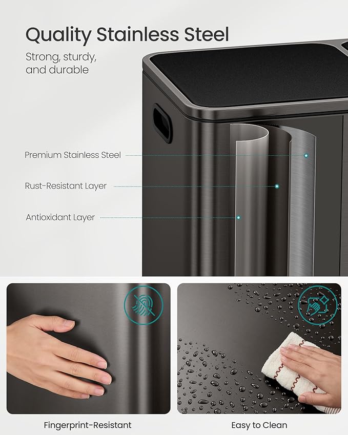 SONGMICS Trash Can, 2 x 10.6 Gallon (2 x 40 L) Garbage Can for Kitchen, with 15 Trash Bags, 2 Compartments, Plastic Inner Buckets and Hinged Lids, Airtight, Slate Gray ULTB730G01V1