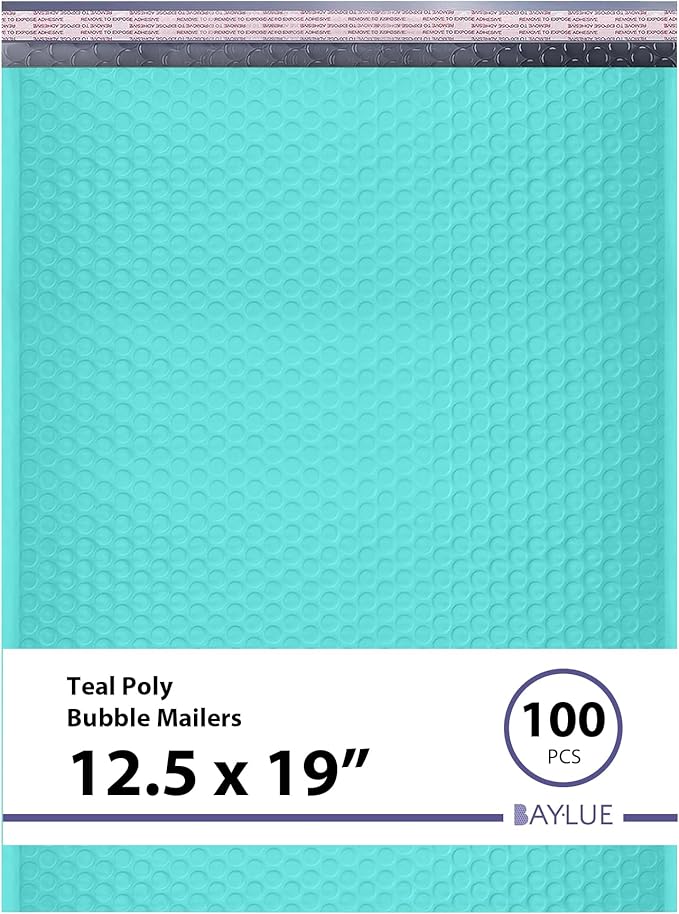 Teal 12.5x19.5 Inch Large Poly Bubble Mailers #6 | Padded Envelopes with Self Seal | Air Lined Cushioned Bubble Mailer | Usable Size 12.5x15 | 100 Pack Bulk | Lightweight shipping Bags