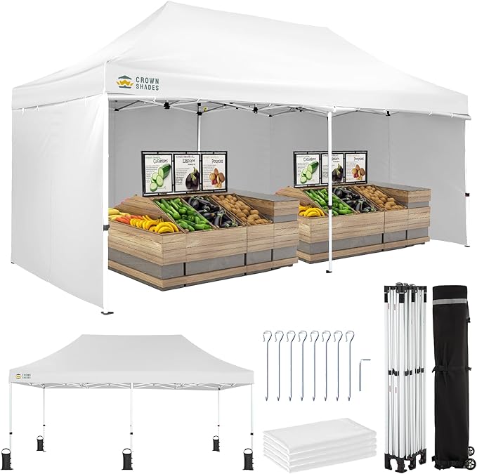 CROWN SHADES 10x20 Pop Up Canopy Tent, Thicken Frame Commercial Heavy Duty Tent, 4 Sidewalls 8 Stakes & 4 Sandbags & 4 Ropes, Outdoor Canopies for Events, Parties,White