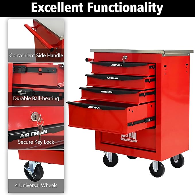 5-Drawer Heavy-Duty Rolling Tool Chest with Wheels & Steel Roof, Lockable Tool Chest Storage Cabinet for Garage, Workshop, Warehouse, and Repair Shop