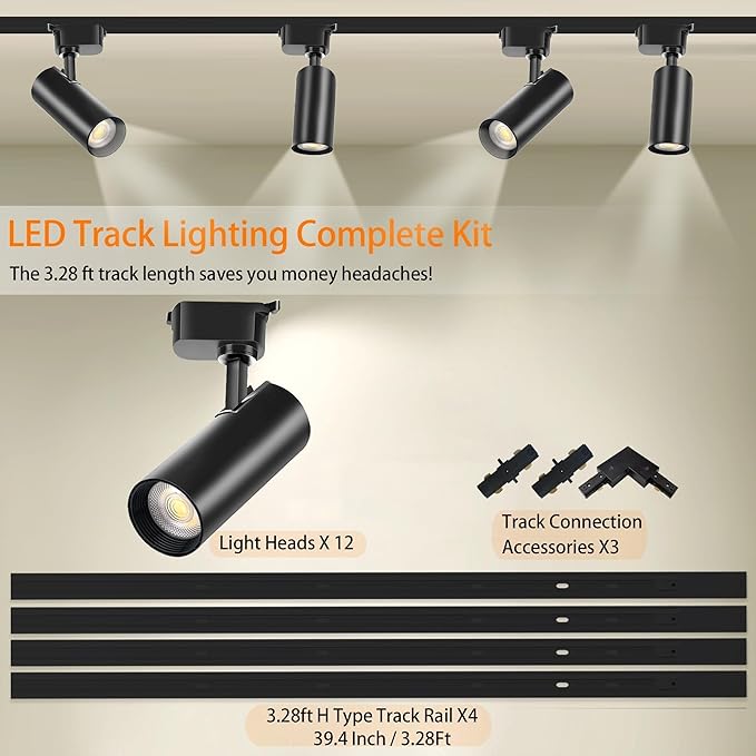 Ultra-Bright Black H Type Track Lighting Kit 4000K Natural White, 12 Heads 20W 2400lm with 13.1 FT Track Rails, Dimmable Plug in LED Track Lights Modern Indoor Spotlight Fixture