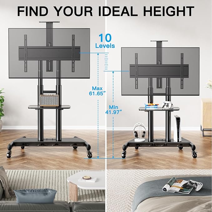 PERLESMITH Mobile TV Stand for 55-90 Inch Flat/Curved Screen TV Max VESA 800x500mm Outdoor TV Cart with Height Adjustable AV Shelf- UL Certificated Rolling Floor TV Stand Holds up to 200Lbs (PSTVMC07)