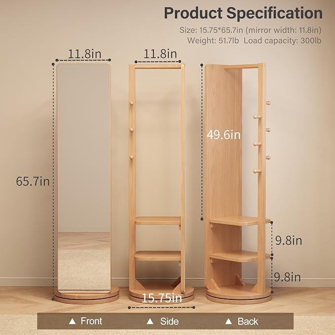 WoodsWhisper Full Length Mirror Coat Rack Solid Wood Floor Mirror 66"x12" Full Length Mirror with Stand Long Mirrors for Bedroom,Living Room
