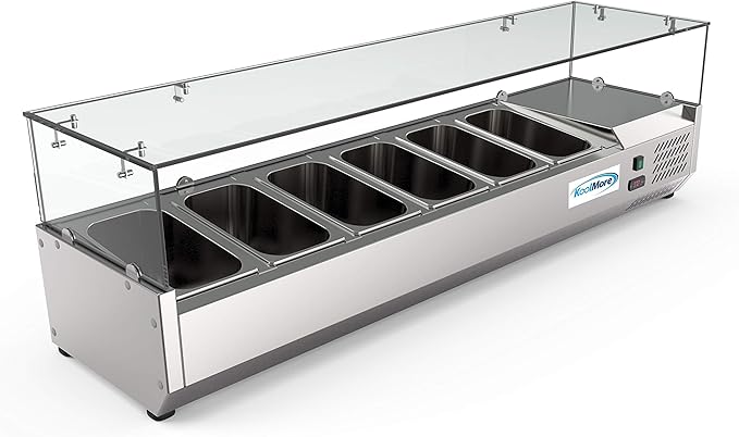 KoolMore SDC-6P-SG Condiment Prep Rail Station with Sneeze Guard, 59 Inch, Silver