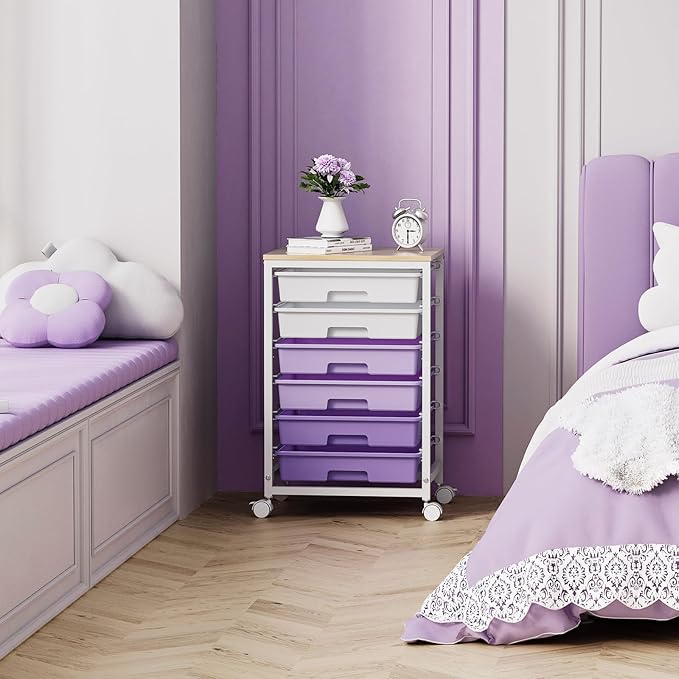 Rolling Cart with Drawers,Utility Cart with 6 Drawers,Rolling Storage Cart with Drawers and Wooden Tabletop & Lockable Wheel,Purple