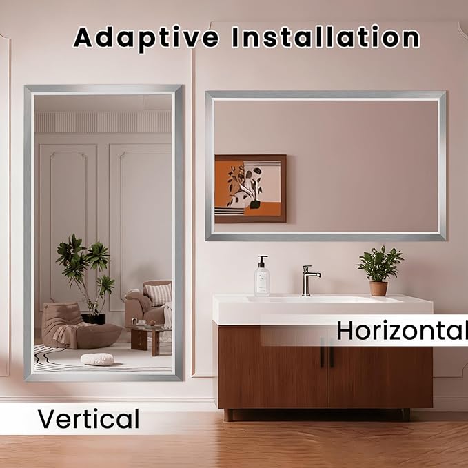 Amorho Bathroom Mirror, 55x32 Inch Silver Thick Metal Framed Wall Mirrors for Over Sink, Brushed Nickel Mirror Perfect for Bedroom, Living Room, Entryway, Rectangle (Horizontal/Vertical).