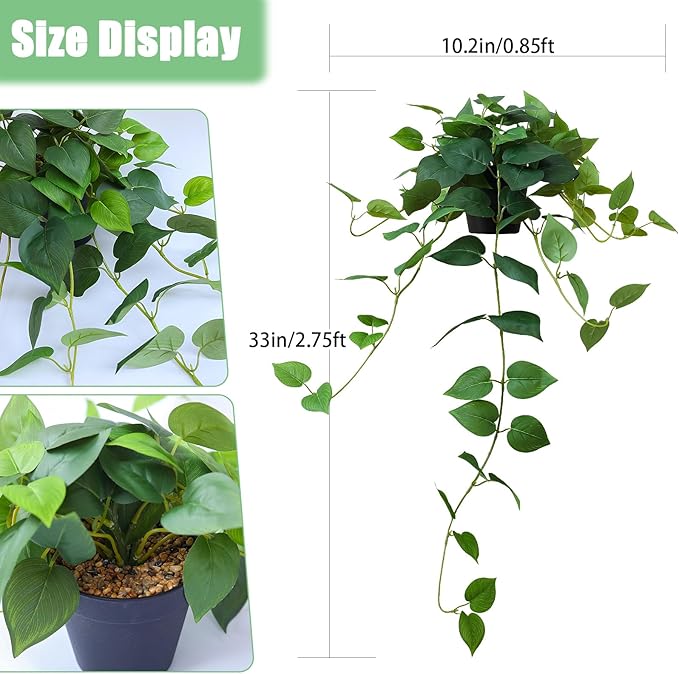 Fake Pothos Hanging Plants, 33" Artificial Hanging Plant, Faux Pothos Vines Hanging Plant Greenery for Home Living Room Indoor Outdoor Decor