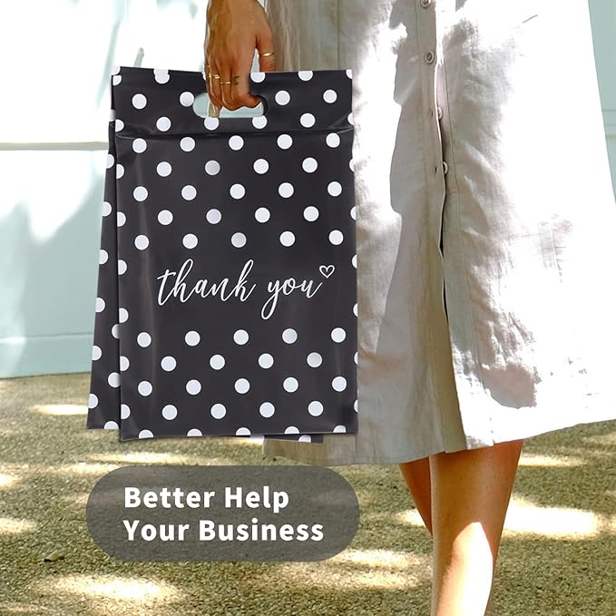 JinRuiKJ Poly Mailers with Handle 14.5x19 Inch 50 Pcs, Easy to Carry Packaging Bags for Small Business, Thank You Shipping Bags with Self Adhesive Strip, Tearproof and Waterproof - White Polka Dot