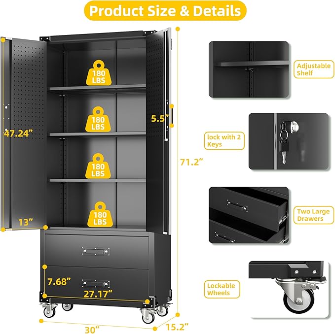 Garage Storage Cabinet with 2 Drawers and Pegboard, Metal Storage Cabinet with 2 Lockable Doors for Garage Home Office,Required Assembly,Black,71.2" H*15.2" D*30" W
