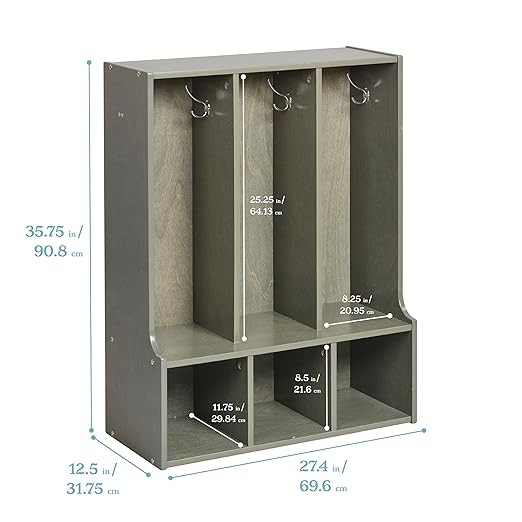 ECR4Kids Streamline 3-Section Toddler Coat Locker with Bench, Kids Furniture, Grey Wash