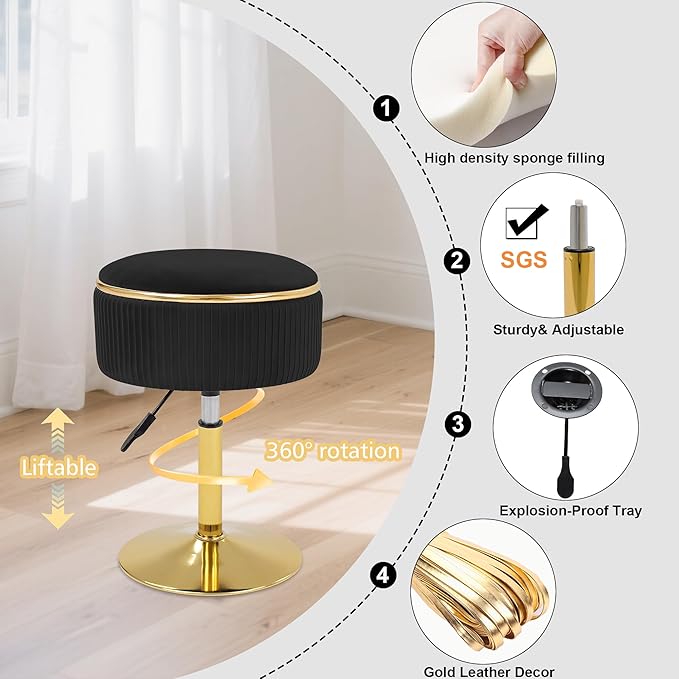 Adjustable Vanity Stool with Storage, 360° Swivel Makeup Stool Chair Small Velvet Round Ottoman with Gold Base for Bedroom (Black)