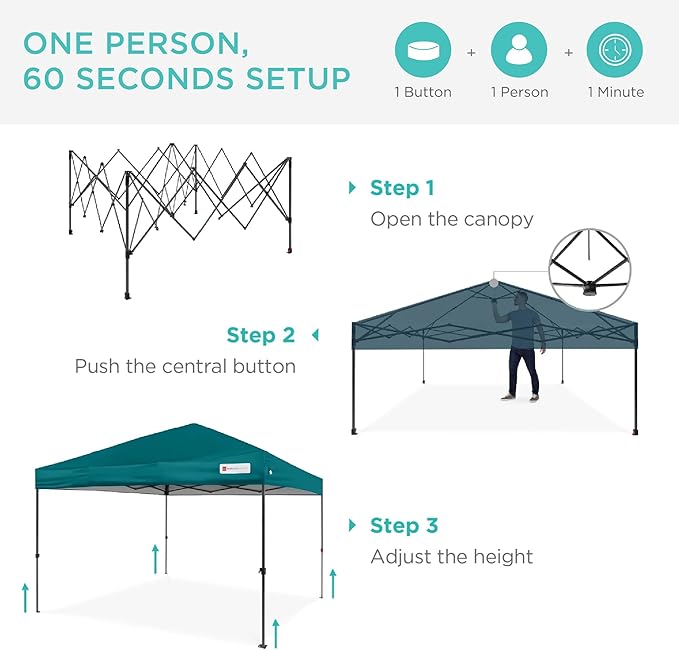 Best Choice Products 10x10ft 1-Person Setup Pop Up Canopy Tent Instant Portable Shelter w/ 1-Button Push, Case, 4 Weight Bags - Cerulean