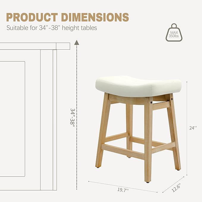 Counter Height Bar Stools Set of 2 for Kitchen Counter Backless Farmhouse Kitchen Island Barstools with Upholstered Faux Leather Saddle Seat and Solid Wood Legs Modern 24 inch Bar Chairs, White