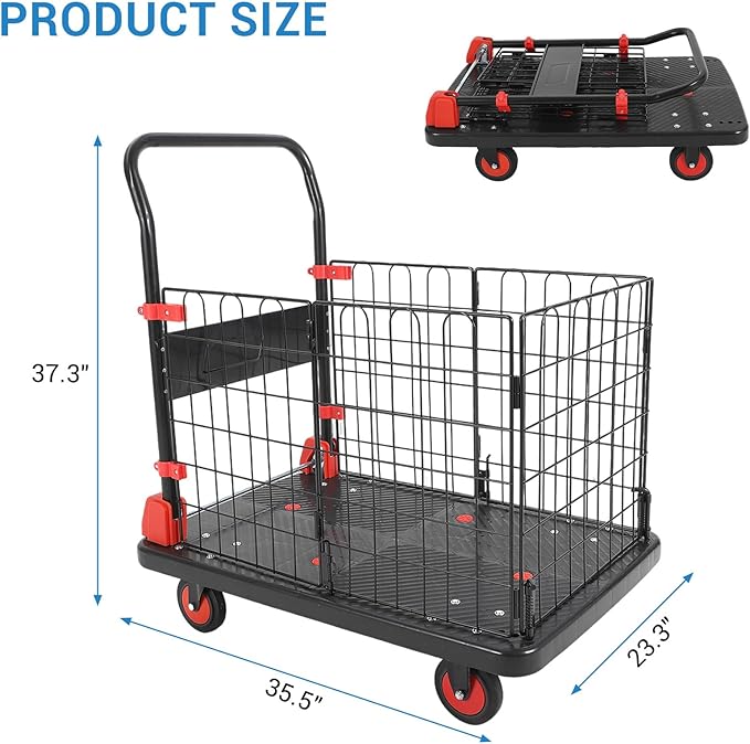 Platform Truck Cart with Cage, 35 * 23 * 20 in 1000LBS Capacity Folding Cart with Wheels,Heavy Duty Hand Moving Cart,Foldable Dolly with Basket for Warehouse Luggage Moving