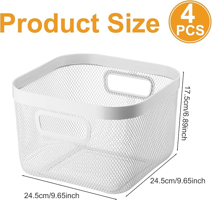 4 Pack Metal Mesh Basket with Hollow Handles White Wire Storage Bin for Organizing Stackable Metal Fine Mesh Basket for Pantry Bathroom Kitchen Cabinets Shelves (Medium)