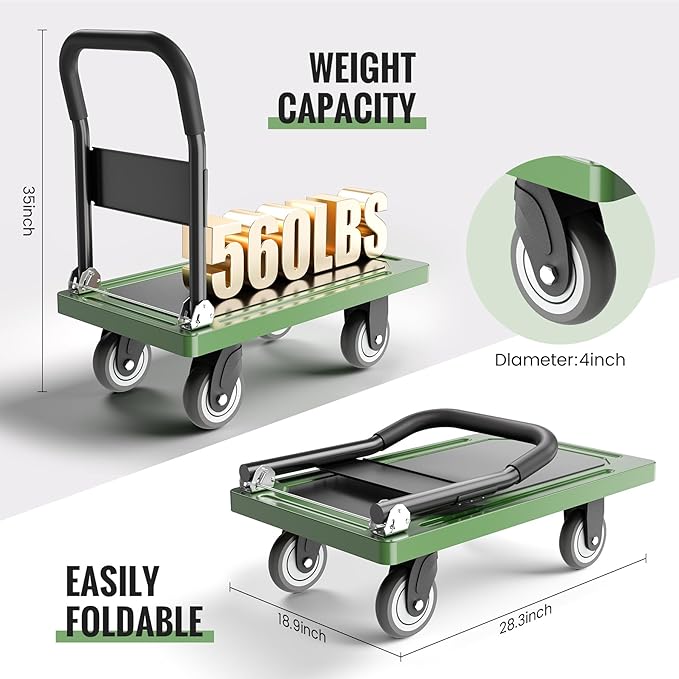 Upgraded Foldable Push Cart Dolly | 560 lbs. Capacity Moving Platform Hand Truck | Heavy Duty Space Saving Collapsible | Swivel Push Handle Flat Bed Wagon - Green