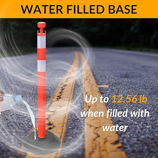 6 Pack 40 Inch Traffic Delineator Posts with Fillable Base and 6.6FT Plastic Chain, Safety Delineator Post Cones with 2 White Reflective Stripes for Construction Work (Red)