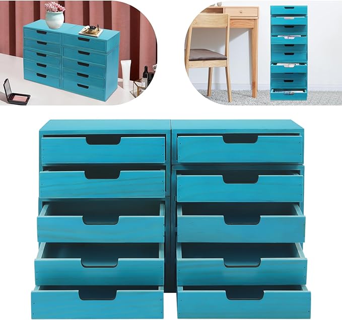 4-piece Drawer Cabinet, Organizer Sorter Container Keeper Unit Storage Box Stackable Chest Divider Shelf System with 10 Drawers & 4 Stackable Units for Home Office Study Room Dorm Bedroom(Blue)
