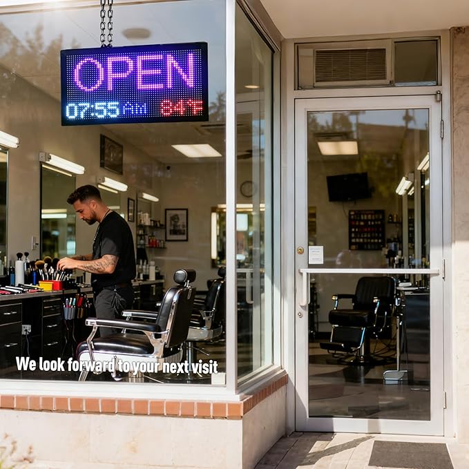 Commercial LED Open Closed Sign, 16.5x 9 inch Calendar & Temperature Display, Auto ON/OFF Timer, Waterproof for Outdoor, Ideal for Store Front, Shop Window, Glass Door, Retail, Bar, Salon, Cafe Business