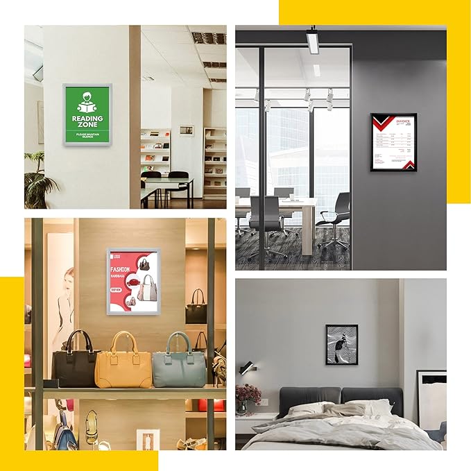 Acrylic Magnetic Sign Holder, Easy-Opening 11 x 17 Wall Mount Display Frames, Self Adhesive Back Plastic Clear Document Frame, Horizontal & Vertical Display (Black, 12Pack)