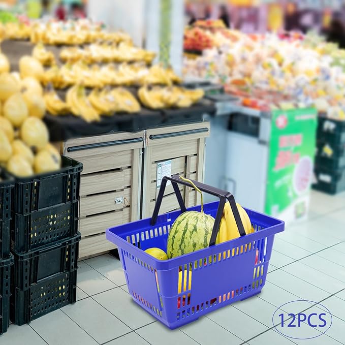 12PCS Blue Plastic Shopping Baskets with Handles, Portable Retail Baskets Grocery Basket with Handles,21L Hand Shopping Basket Set for Stores, Supermarket, Retail, Groceries Carrying