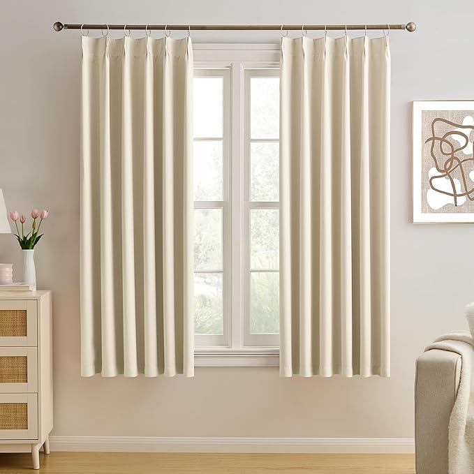 KEQIAOSUOCAI Cream Beige Curtains for Bay Windows, Sound Reducing Solid Window Treatment for Cafe/Kitchen/Night Shift,Blackout Window Curtain Panels with Pinch Pleat,W40 x L45, 2 Panels