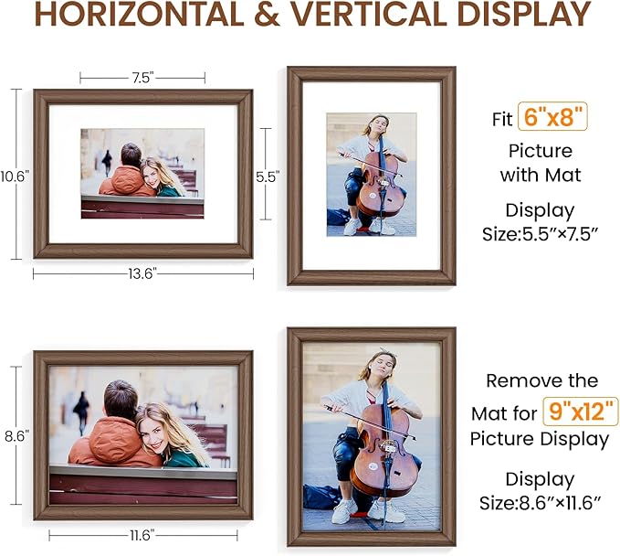 Natural Walnut 9x12 Picture Frames Mat to 6x8 Picture Display,Original Wood Handcrafted Photo Frame,Wooden Frame 9x12 with Tempered Glass Graduation Family Wedding Pictures Tabletop & Wall Decor