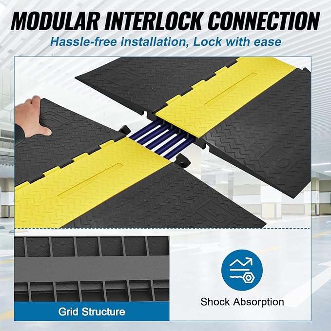 VEVOR 5 Channel Rubber Cable Protector Ramp, Heavy Duty 22000 lbs/axle Capacity Wire Hose Cord Cover Ramp, ADA Compliant Driveway Road Hump, Traffic Speed Bump w/Flip-Open Top Cover