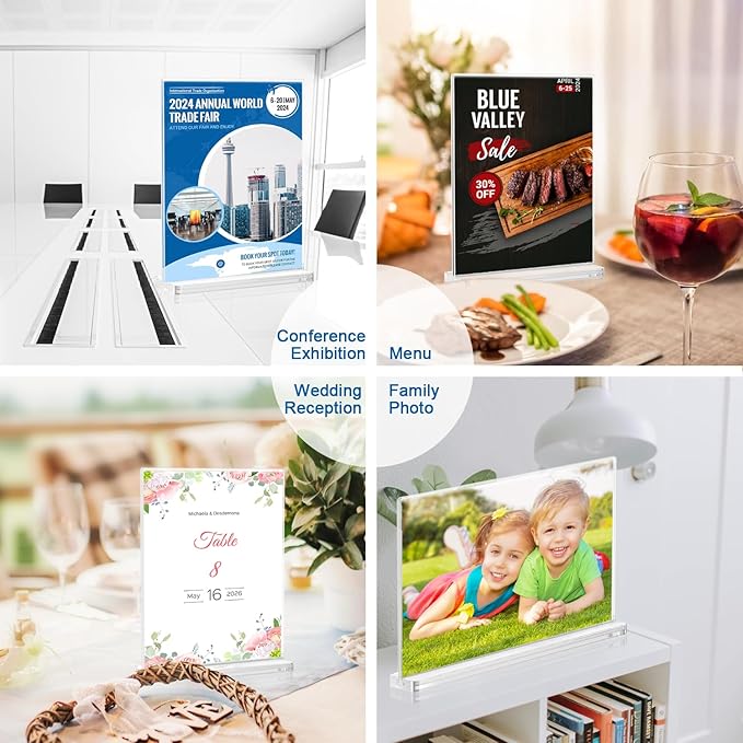 BlueValley Acrylic Sign Holder 5x7 Vertical – 12 Pack Double Sided Clear Plastic Display Stand for Table Menu, Flyer, Photo, Document – Standing Desktop Frame for Office, Retail, Home, Commercial Use