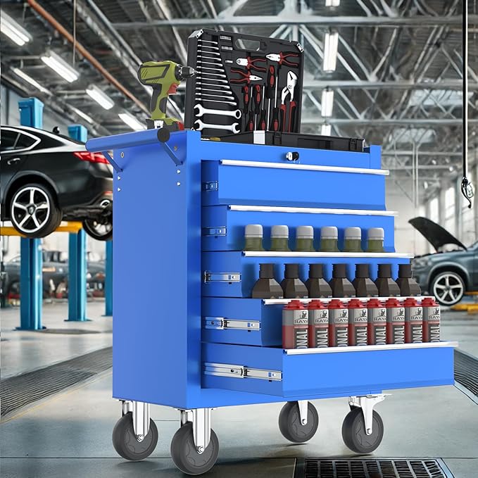 5-Drawers Garage Tool Chest, Large Capacity Tool Cabinet Heavy Duty Mechanic Rolling Tool Box Metal Locking Tool Cart with Drawers and Wheels for Storage