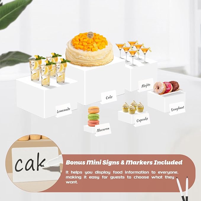 6Pcs Buffet Risers with Mini Sign and Maker, Acrylic Food Risers for Buffet Table, Catering Dessert Cake Stand for Party, Collectibles Jewelry Display Stand, White Cube Boxes Nesting Risers(10",9",8",7",6",5")