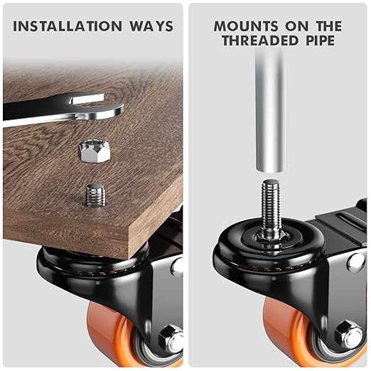 2 Inch Caster Wheels, Threaded Stem Casters Set of 4 Heavy Duty, 1/2"-13 x 1 (Screw Diameter 1/2", Stem Length 1"), Safety Dual Locking Industrial Castors, Wheels for Cart, Furniture