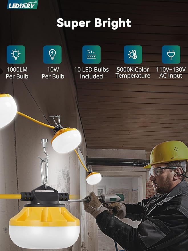 LEDIARY 100FT LED Construction String Lights, 100W 10000LM String Work Light, Linkable Temporary Lighting for Jobsite, Patio, Indoor, Outdoor-ETL Listed