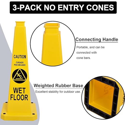 OrangeStar 3-Pack 28" Wet Floor Caution Cones, Yellow 4-Sided Bilingual Warning Message Safety Traffic Cones with Heavy Rubber Base for Indoor/Outdoor Use