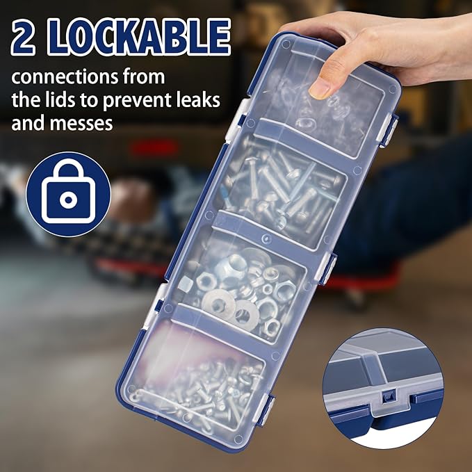 Hushee 4 Pcs Screw Organizer Box with Lid 4 Compartments Tool Bin Divider Plastic Stackable Hardware Organizer Small Part Storage Sorting Screw Box for Garage Workbench Craft Storage (Blue)
