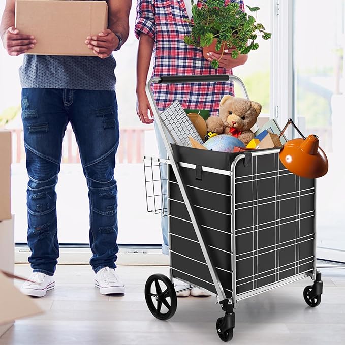 Goplus Shopping Cart for Groceries, Jumbo Upgraded Folding Grocery Cart with Waterproof Liner, 330 LBS Weight Capacity, 360° Swivel Wheels, 33 Gal Double Basket, Heavy Duty Foldable Utility Cart