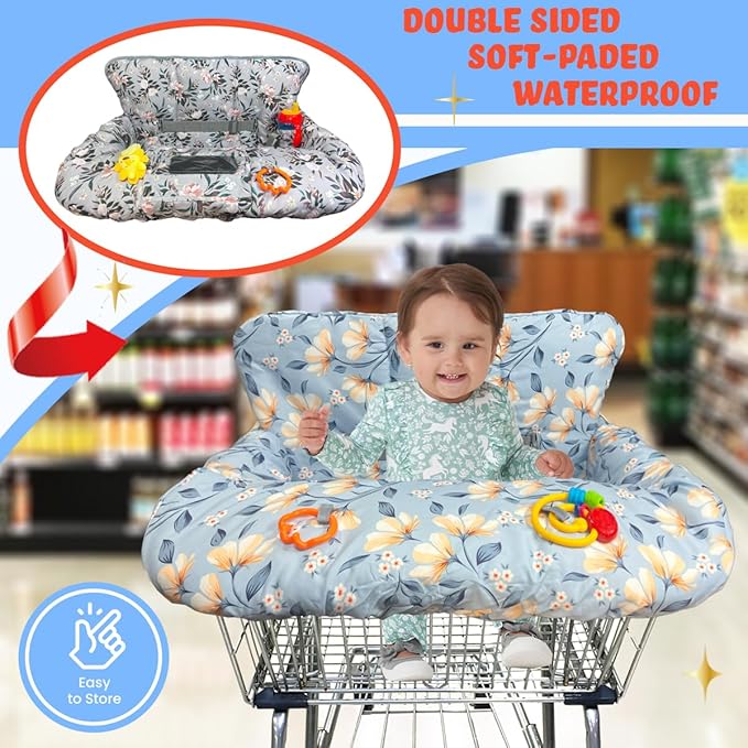 Shopping Cart Cover for Baby, Waterproof Restaurant High Chair Cover - Double Sided Grocery Cart Cover for Baby Boy and Girl -Extra Large - Perfect Baby Registry Gift (Silver)