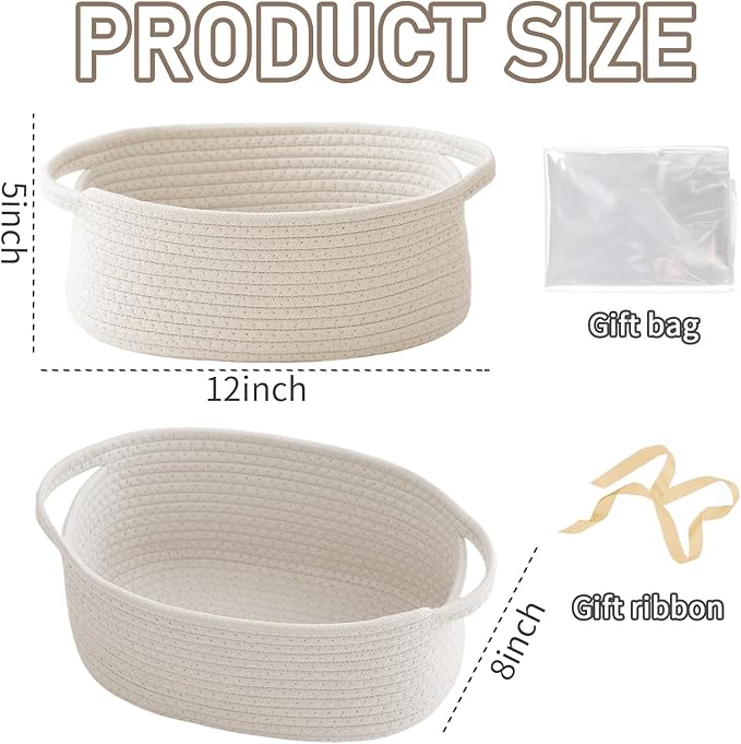Woven Basket,Small Rope Storage Bin with Handles & Ribbon Bag, Organizer for Shelves Closets,Gift Basket Empty for Birthday,Books,Dog Toys,White/2 Pack