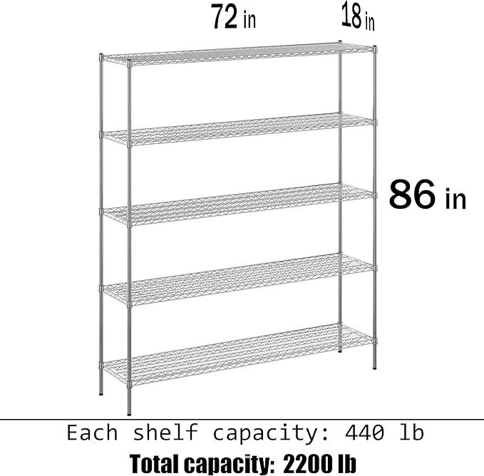 18" Deep x 72" Wide x 86" Height Wire Shelving Kit | 5-Tier | NSF Commercial Storage Rack Unit