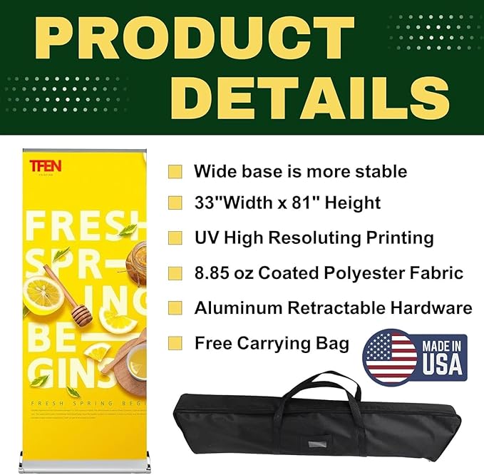 Custom Banner Pop up Banner Aluminum Deluxe Retractable Banner-Made in USA-33"x81" with Stand Roll up Banner for Business, Trade Shows, Stores, Advertising, Events